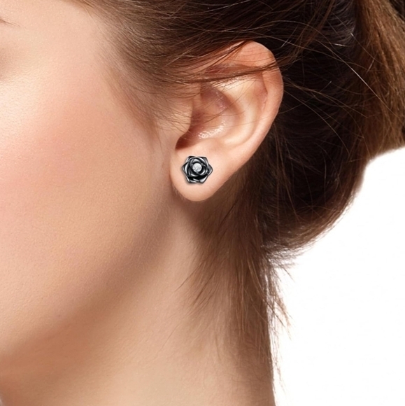 ⁶Sterling Silver Post 18K Gold Plated 3D Realistic Rose Cubic Zirconia Earrings, - Picture 5 of 8